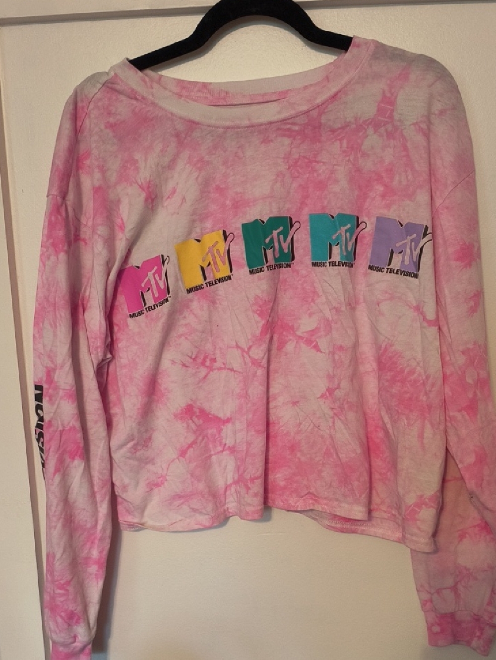 MTV Pink Tie-Dye Long Sleeve Crop Tee with Color Block Logos